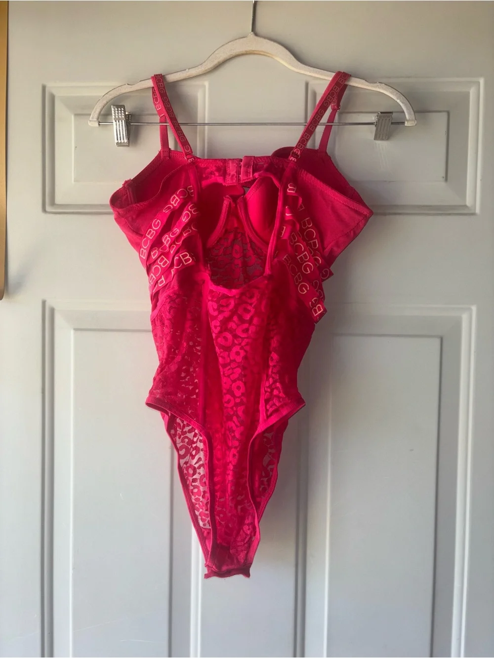 BCBG hot pink leopard lace teddy bodysuit size L